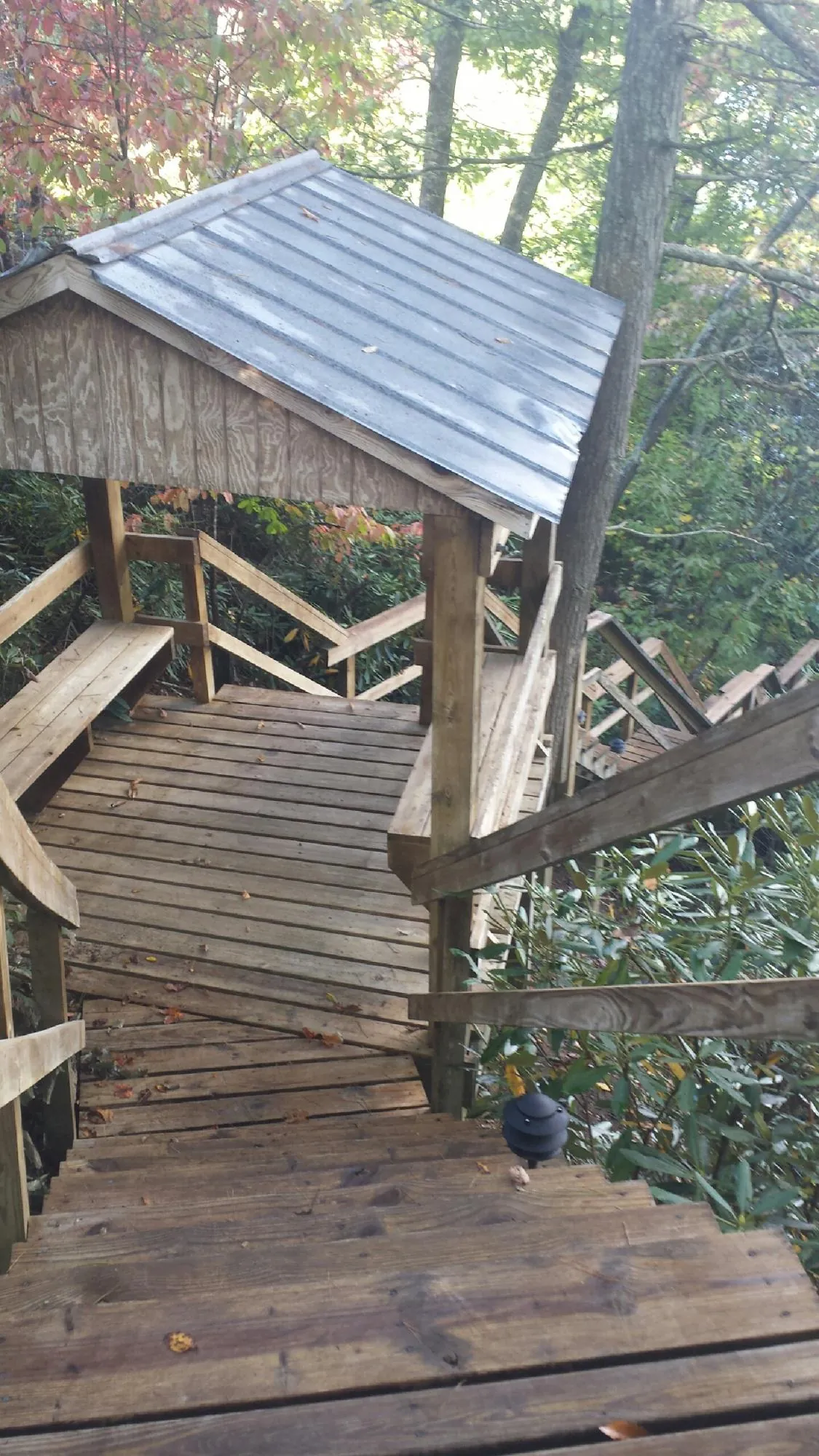 Metal roofed shelter over wooden steps on a wooded walkway — Skylight Repair & Installation work by our crew in Carey